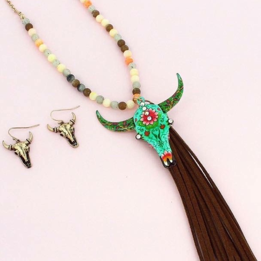 Floral steer skull necklace